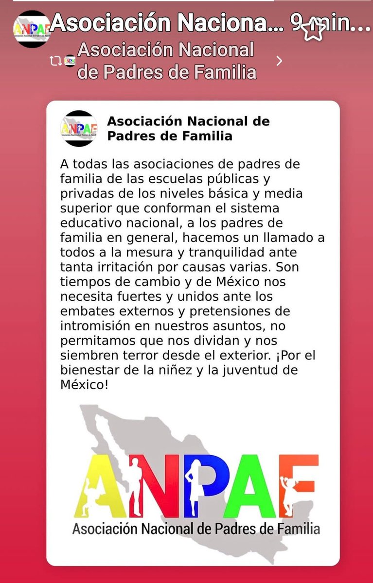 A todas las asociaciones de padres de familia de las escuelas públicas y privadas de los niveles básica y media superior que conforman el sistema educativo nacional, a los padres de familia en general,  hacemos un llamado a todos a estar unidos en torno a   México
