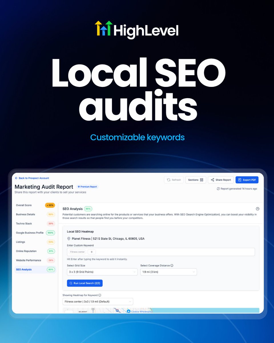 gohighlevel's tweet image. Local SEO doesn’t have to feel like a guessing game.
Now you can show prospects exactly where they’re losing visibility and how you’ll fix it.

See everything we launched on LevelUp Day → gohighlevel.com/post/levelup-2…
#HighLevel #LocalSEO #Prospecting #LevelUp