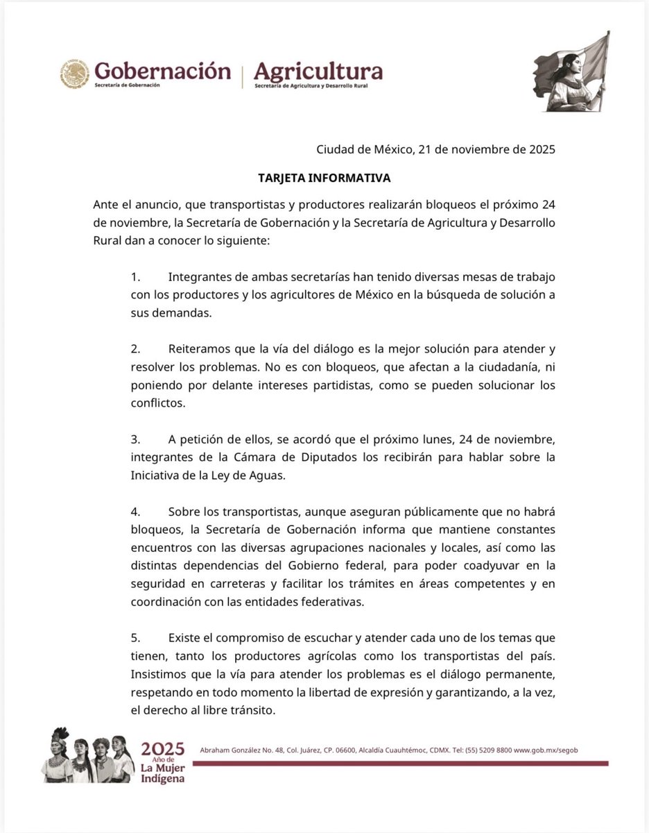 SEGOB_mx's tweet image. #SEGOBInforma 📢

#Segob y @Agricultura_mex dan a conocer lo siguiente, ante el anuncio de que transportistas y productores realizarán bloqueos el próximo 24 de noviembre.

Tarjeta Informativa: 📄 bit.ly/3X7dLQy

#ConstruyendoLaPaz🕊