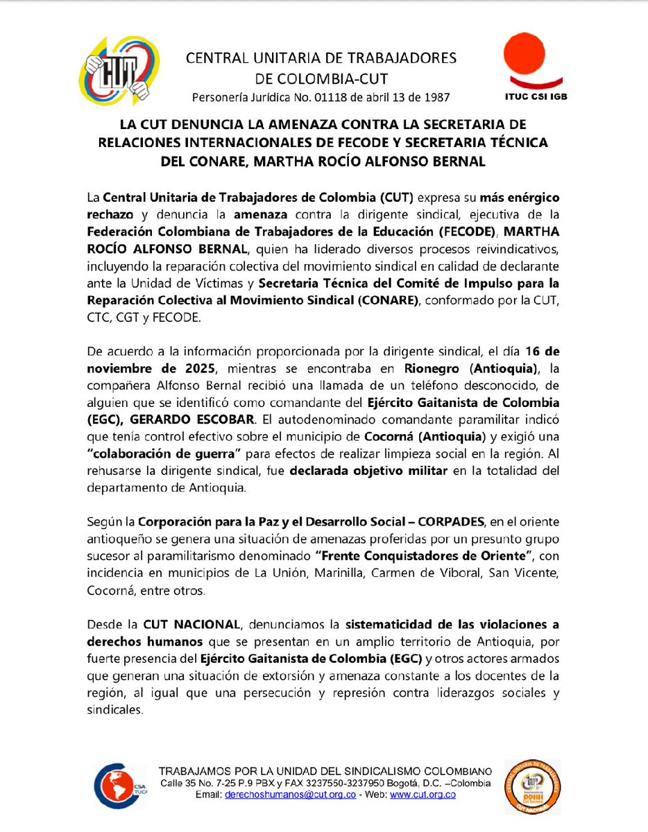 OverDoradoC's tweet image. #ComunicadosCUT

Comunicados @cutcolombia 

1. LA @cutcolombia DENUNCIA LA AMENAZA CONTRA LA SECRETARIA DE RELACIONES INTERNACIONALES DE FECODE Y SECRETARIA TÉCNICA
DEL CONARE, MARTHA ROCÍO ALFONSO BERNAL @marthaalfonsob
