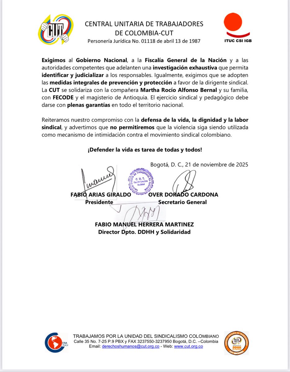 OverDoradoC's tweet image. #ComunicadosCUT

Comunicados @cutcolombia 

1. LA @cutcolombia DENUNCIA LA AMENAZA CONTRA LA SECRETARIA DE RELACIONES INTERNACIONALES DE FECODE Y SECRETARIA TÉCNICA
DEL CONARE, MARTHA ROCÍO ALFONSO BERNAL @marthaalfonsob
