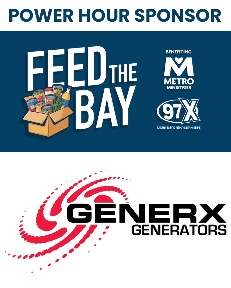 Thank you to <a href="/GenerxGenerator/">GenerX Generators</a> for being the 3pm Power Hour sponsor for Feed The Bay! You can help Feed The Bay too! Stop by Walmart at 275 &amp; Dale Mabry until 7pm or donate at the link below! 

97xonline.com/fp/feed-bay-20…