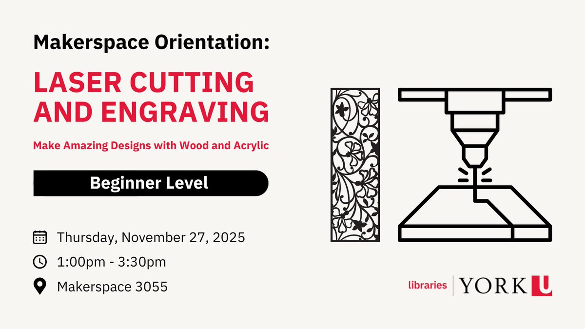 yorkulibraries's tweet image. Get started with the makerspace laser cutter. We’ll demonstrate how the makerspace&apos;s laser cutter works, and show how you can use it to make amazing designs with wood and acrylic!

Register now: bit.ly/47Xo9z6

#YorkU #Makerspace #LibraryWorkshop