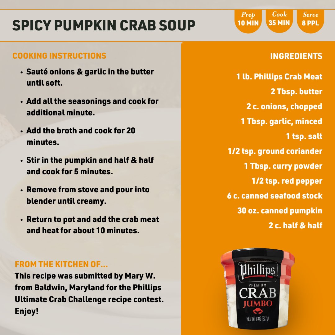 Enjoy the sweet, refined, earthy flavor of pumpkin, accented with tender crab meat and spices. This creamy and aromatic soup has a hint of spice and everything nice. A warm treat that is sure to be a fall favorite!