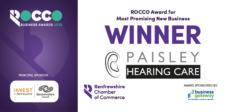 Let's hear it (did you see what we did there!) for the amazing 'Paisley Hearing Care' 👂on winning the ROCCO Award for Most Promising New Business tonight 🎉

This award is sponsored by our friends at <a href="/bgateway/">Business Gateway</a> 🙏#2025ROCCO