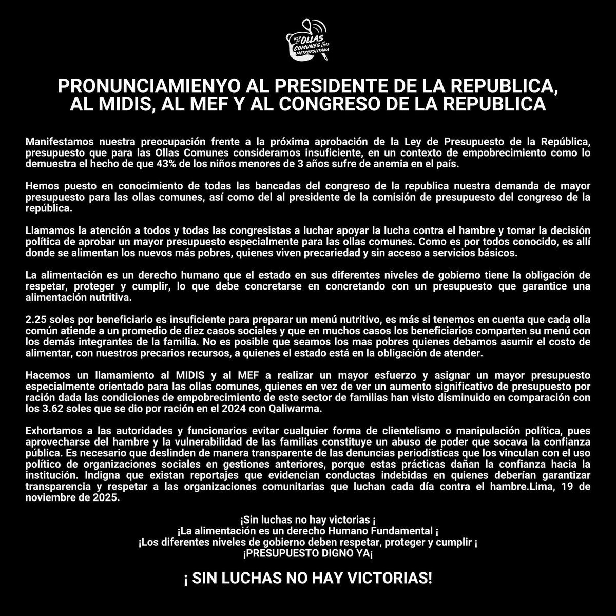 Queremos que la ministra Shica aclare y deslinde de las acusaciones hechas por <a href="/Latina_Noticias/">Latina Noticias</a> sobre la posible manipulación política que ha hecho de las ollas comunes cuando era trabajadora de Demruini