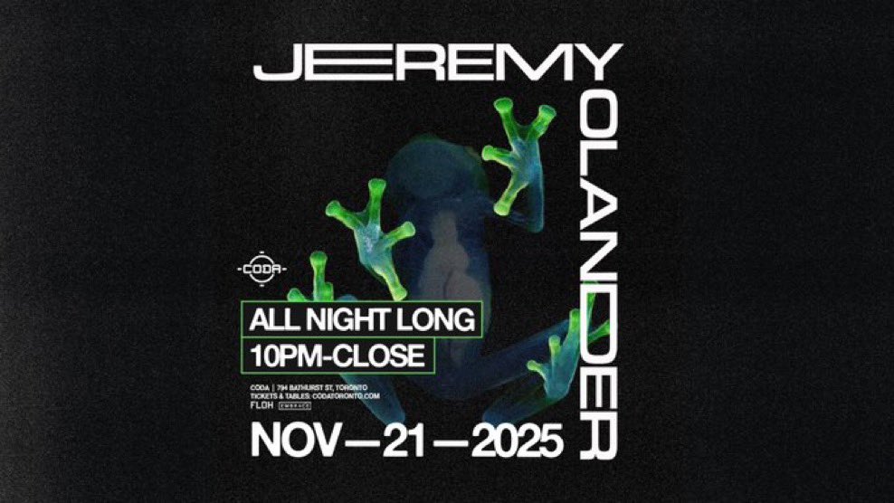 TONIGHT: Jeremy Olander is taking over CODA for a night of deep, melodic, and pulse-driving energy you won’t want to miss!🔊
Doors open at 10PM.
🎟️: ticketweb.ca/event/jeremy-o…