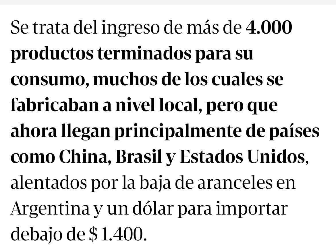 LA ESTOCADA FINAL al aparato productivo industrial del país 
Importaciones y destruccion .

MENEMISMO 2.0

No es ignorancia , es mala intención , soberbia y cinismo 

👇👇.  RTRT 
#ElPeorGobierno
