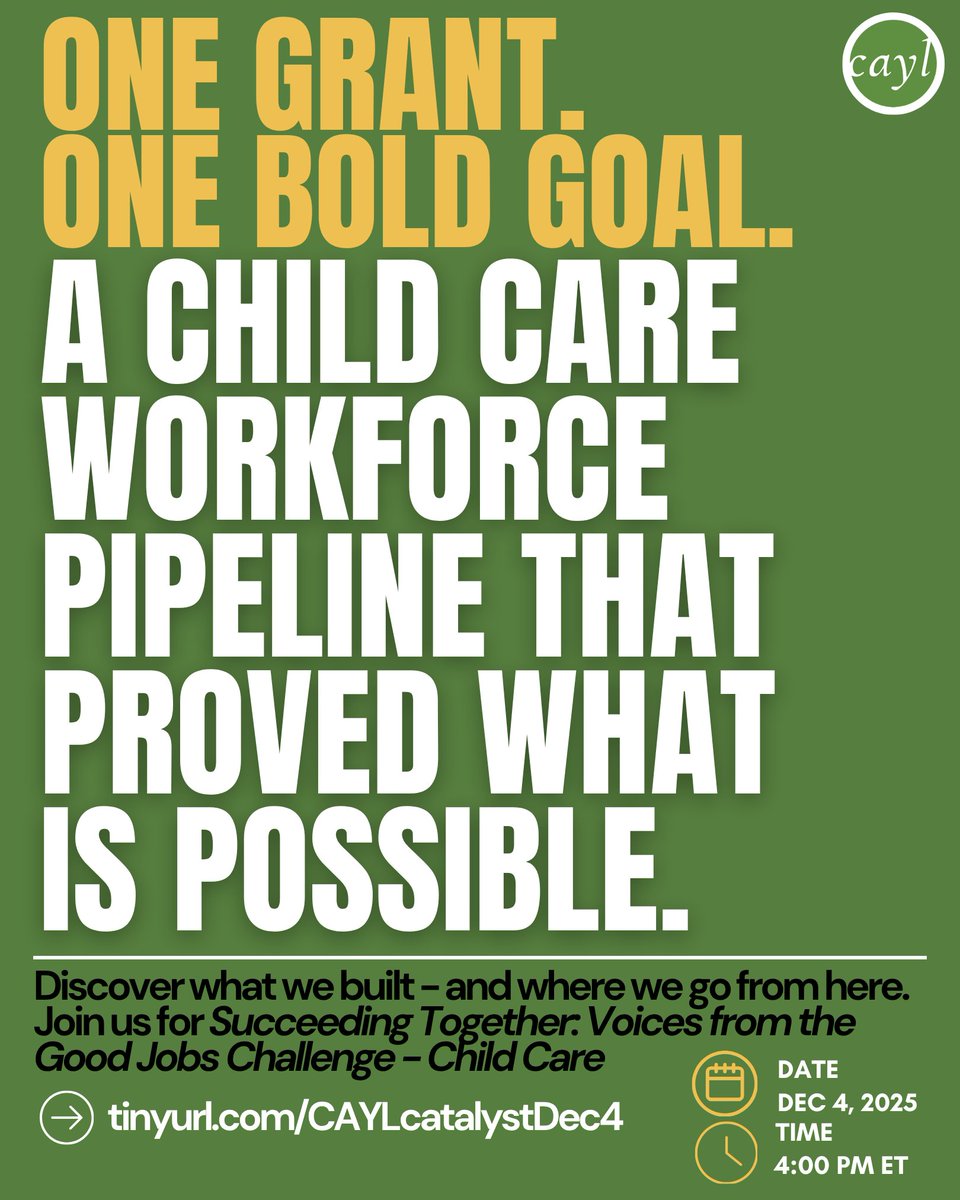 caylinstitute's tweet image. Register to join us at: tinyurl.com/uyebcx87
Don’t miss your chance to be part of this important conversation. 
Join us for CAYL Catalyst Ep #54 - Succeeding Together: Voices from the Good Jobs Challenge - Child Care

#earlychildhoodeducation #workforce