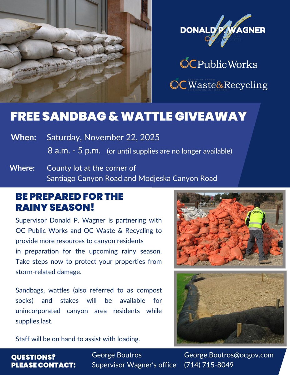 Tomorrow, my office, along with @ocpublicworks and <a href="/ocwaste/">OC Waste & Recycling</a> is hosting a free sandbag and wattle giveaway to canyon residents in preparation for the upcoming rainy season.

Sandbags, wattles, and stakes available while supplies last.