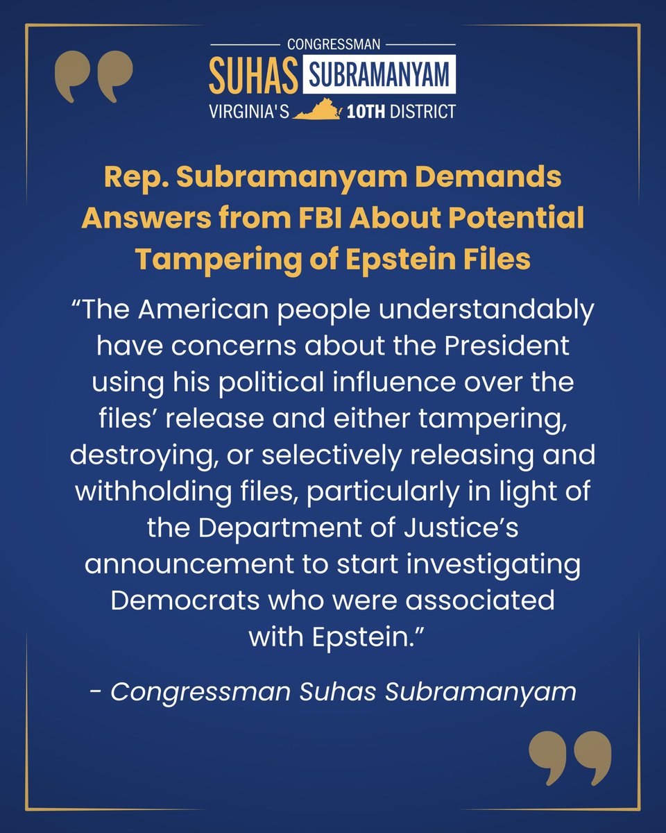 RepSuhas's tweet image. The American people deserve the release of the FULL Epstein files.
