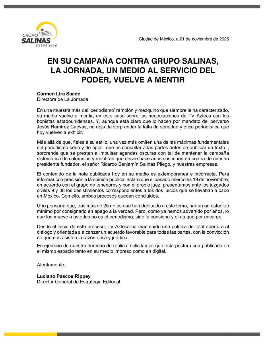 Una vez más, <a href="/lajornadaonline/">La Jornada</a> vuelve a demostrar que, tripulados por <a href="/JesusRCuevas/">Jesús Ramírez Cuevas</a>, están dispuestos a mentir abiertamente con tal de atacarnos y afectar la reputación de <a href="/RicardoBSalinas/">Don Ricardo Salinas Pliego</a> y las empresas de #GrupoSalinas.

Frente a la nota plagada de errores publicada hoy sobre la