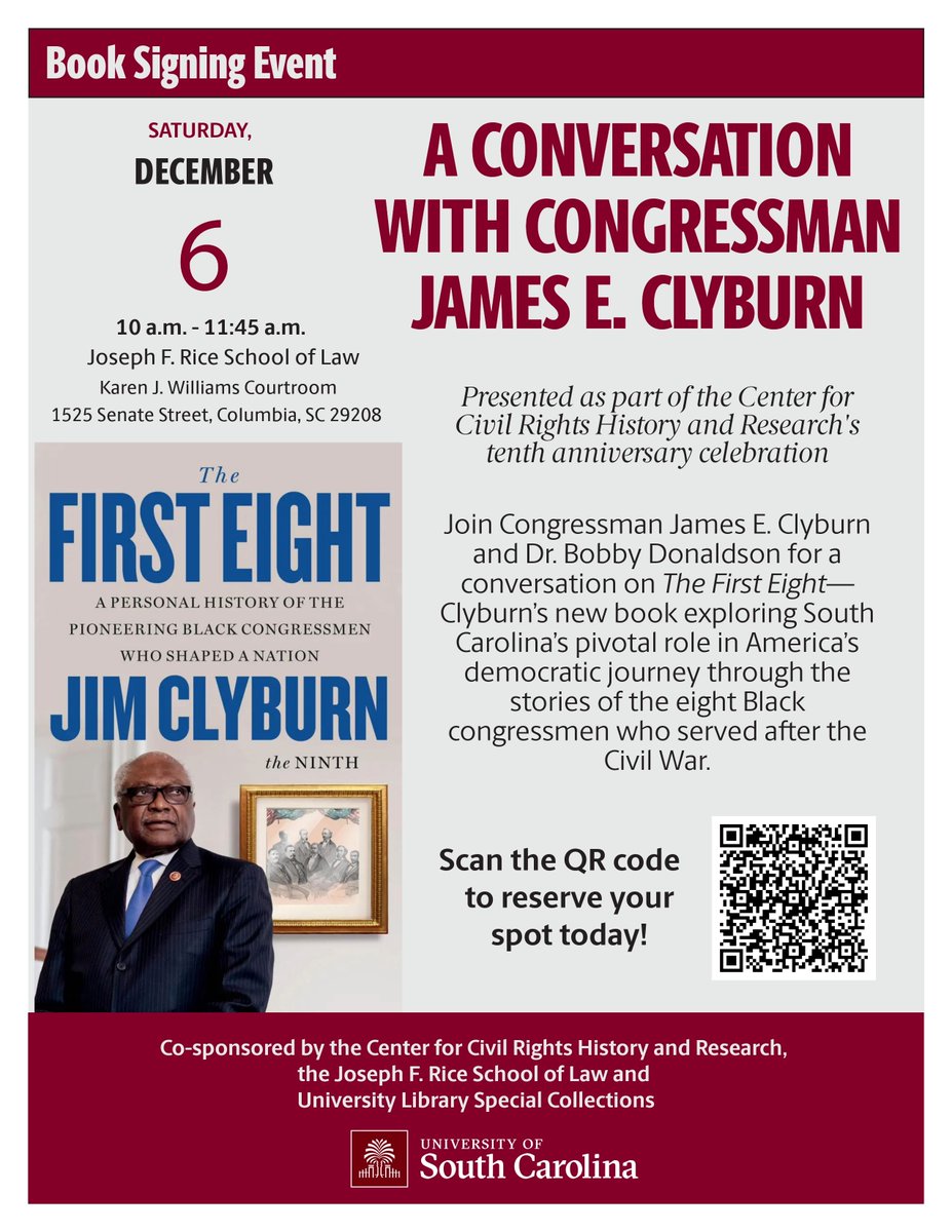 UofSCCRC's tweet photo. Discover the stories of South Carolina’s first Black congressmen and the legacy that shaped Congressman Clyburn’s own historic path.

This event is free and open to the public. Reserve your spot here: https://t.co/VZ14fFgo6f... https://t.co/S7tORpeKm8