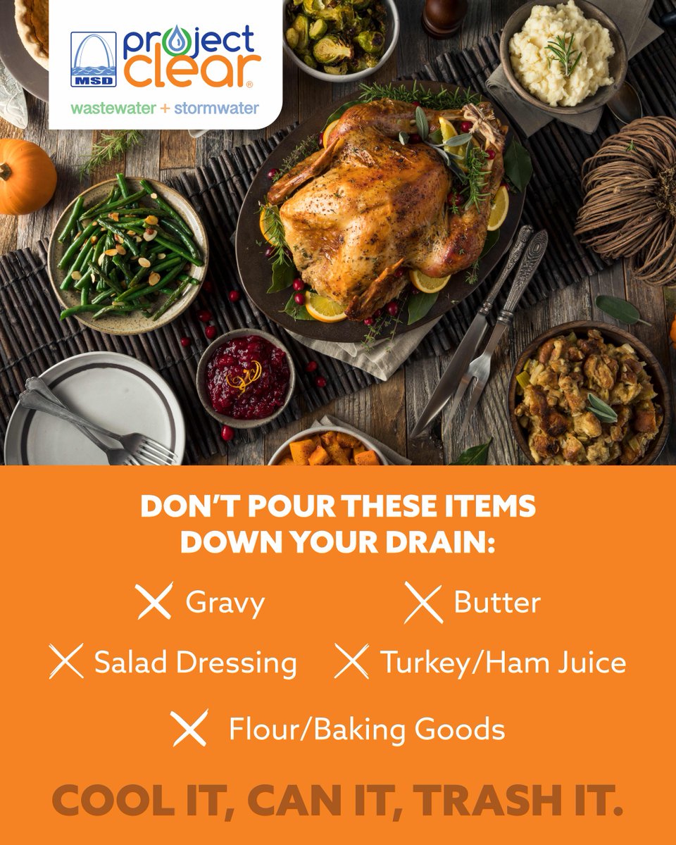 MSDProjectClear's tweet image. Many of our favorite #Thanksgiving dishes like turkey, dressing, sauces, and baked goods are full of hidden fats, oils, and grease. 🦃 When it’s time to clean up, scrape those leftovers into the trash (if you have any), not down the drain!