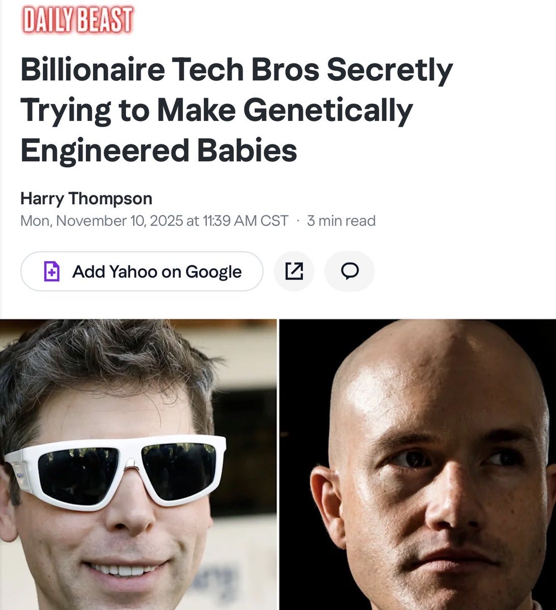 NEW:

🚨 The Dark Alliance: Gay Tech Bros &amp; Crypto Elites Are Funding Forbidden "Designer Babies" – And It's Straight Out of a Sci-Fi Dystopia 🚨 

In case you needed another reason to be skeptical of Trojan horse Coinbase CEO Brian Armstrong <a href="/brian_armstrong/">Brian Armstrong</a> and the Big Tech