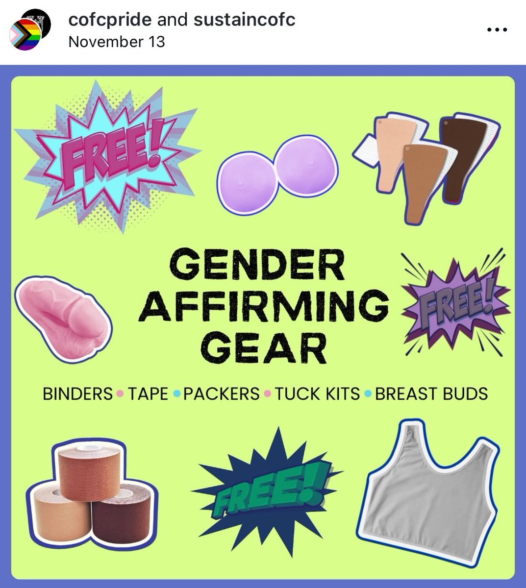 College of Charleston <a href="/CofC/">College of Charleston</a> is giving out free fake p*nises, tucking kits, and chest binders to students who think they’re trans.

Disgusting.

DEFUND THEM <a href="/usedgov/">U.S. Department of Education</a>