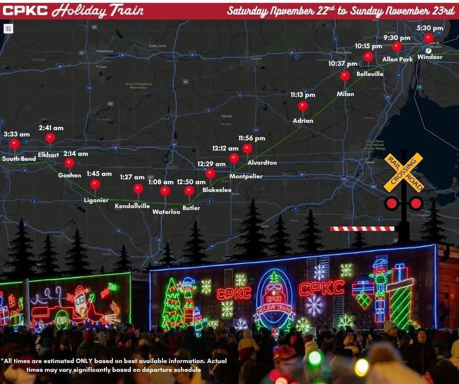 TransitGuideDET's tweet image. Details of the times the Holiday train will pass through Michigan &amp;amp; Indiana. Times are estimates only. See you on the Southwest Greenway??