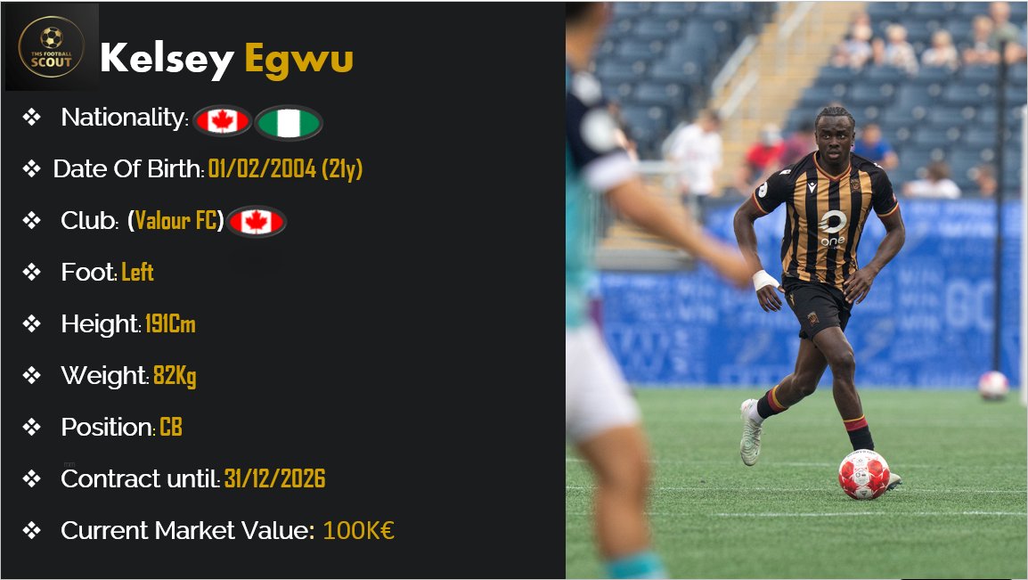 tms_Scout's tweet photo. Kelsey Egwu(21y)🇨🇦🇳🇬
Club:(Valour FC)🇨🇦
Position:CB
Foot:Left
Height:191cm
Weight:82kg
Data 24/25 So Far:
28 Appearances✅
03 Goals⚽️
00 Assists🅰
#Scouting #ValourFC #KelseyEgwu #Talent #Recrutement https://t.co/A5E9LzAp9T