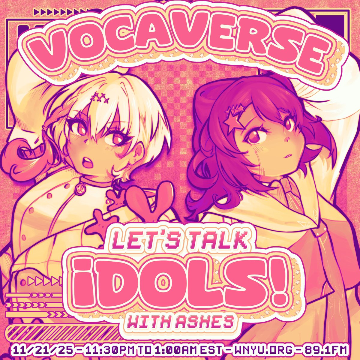 ⭐️ANNOUNCEMENT⭐️

LET’S TALK IDOLS! tonight on my show we’ll be exploring vsynths voiced by idols, idol songs composed by vocap’s, and more !!!

and ill be joined by the lovely ASHES, who hosts panels about mixing &amp; helps bring idol events to the states ~!!

TUNE IN TONIGHT! ⤵️⤵️