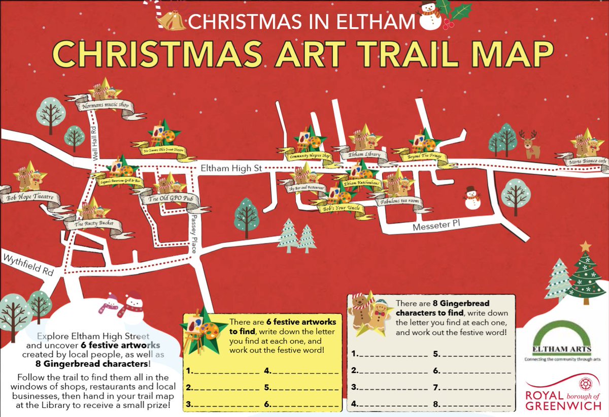 ElthamArts's tweet photo. ✨Today's the day! Come down, follow our Christmas Windows Art Trail in locations up &amp; down #Eltham High Street, made by the local community. 
Find them all, collect your small prize from Eltham Library!
Enjoy the fun events by Royal Greenwich. More here:
https://t.co/oHMldT7ovv https://t.co/E64EoW1tNE