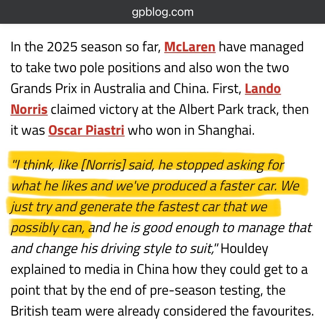 BoxBoxAndStop's tweet image. The 2023 &amp;amp; 2024 cars were tailored to Norris.

2025 was the first car they’ve both had that wasn’t tailored to Norris (to begin with) and Oscar wiped the floor with Norris.

What you call “ghost improvement” I call Norris being exposed when the car isn’t 100% tailored to him.