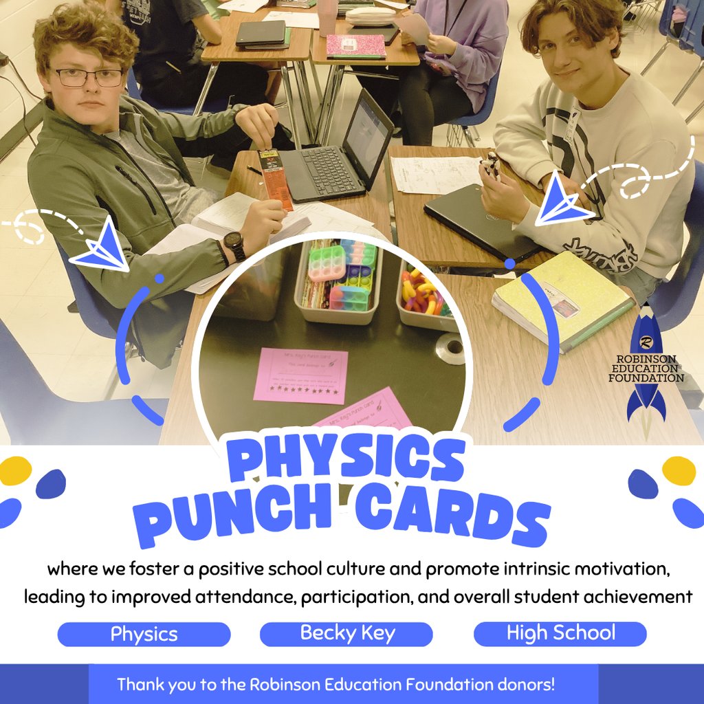 robinson_ef's tweet image. Big news! The REF awarded 32 grants this fall — including &quot;Physics Punch Cards&quot; by Becky Key (High School Physics) to boost school culture, motivation, attendance, and achievement. Thank you, Robinson Education Foundation donors! #REFgrants #STEMsupport