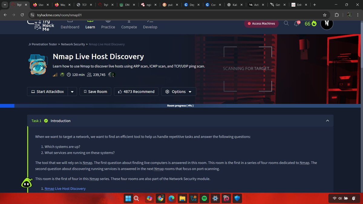 Becoming a Security Researcher with <a href="/4osp3l/">Gospel</a> as my mentor — Day 34

- Got some energy from drinks and completed 3 THM rooms (Burp Suite Extensions, Passive Recon, Active Recon); honestly Vickie’s book explained recon better, now moving on to Nmap live host discovery.