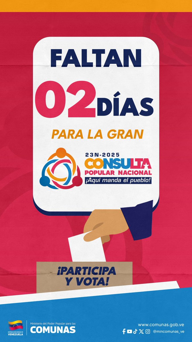 Rebeca911's tweet image. Este domingo 23 de noviembre, más de 5 mil circuitos comunales en Venezuela participarán en la consulta popular para fortalecer la democracia participativa.
¡Tú decides el futuro de tu comunidad!

#ConsultaPopular #ComunaONada #Proyectos #23N #Venezuela
#TheWorldWithVenezuela…