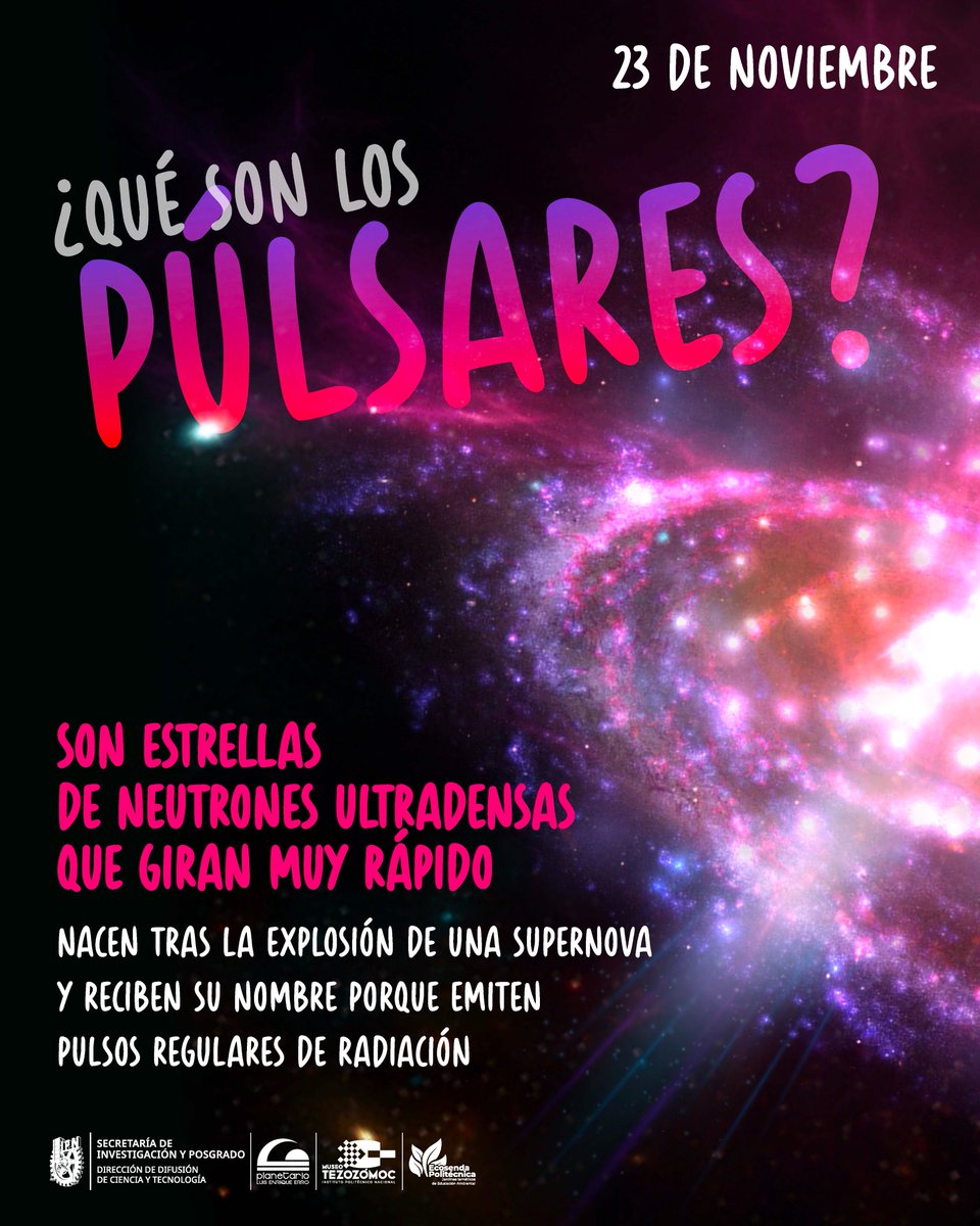 PLEE_IPNoficial's tweet image. 🌌¿Has escuchado hablar de los pulsares? Son como faros cósmicos que laten en la inmensidad del Universo… 🔭💫

Ven al Planetario Luis Enrique Erro y descubre cómo estos misteriosos objetos nos revelan los secretos del cielo. Despierta tu curiosidad astronómica. 🚀
#Infografía