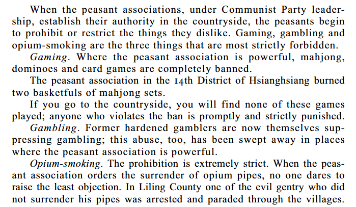 The Chinese peasant associations, when under Communist Party leadership and protection, naturally and on their owned SMASHED gaming, gambling, and opium smoking.

Gamecube, Draft Kings, and weed stores will be DESTROYED under Communist authority. FACT.