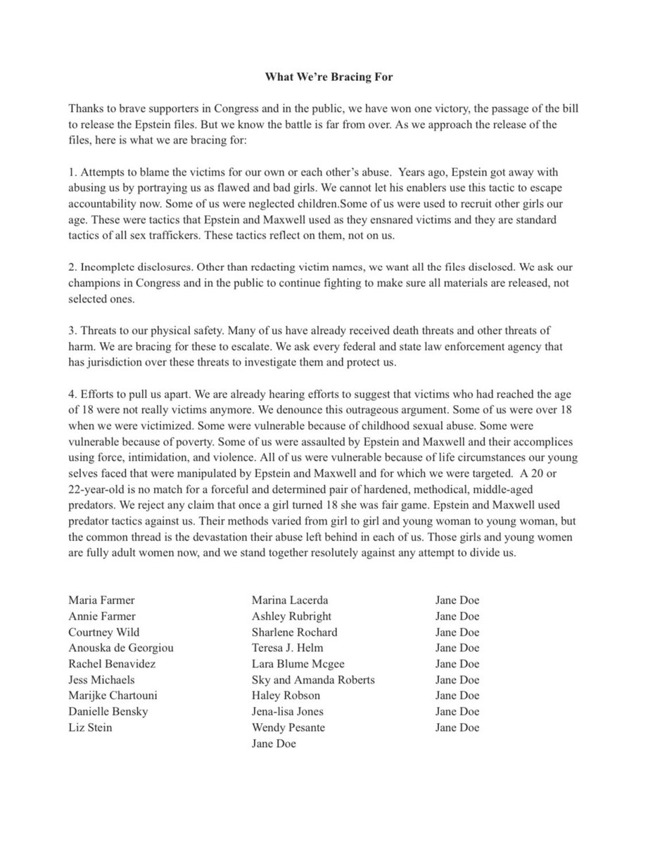 AaronParnas's tweet image. 🚨 NEW: Statement from Epstein survivors says they have received threats and are demanding the full disclosure of all of the files.