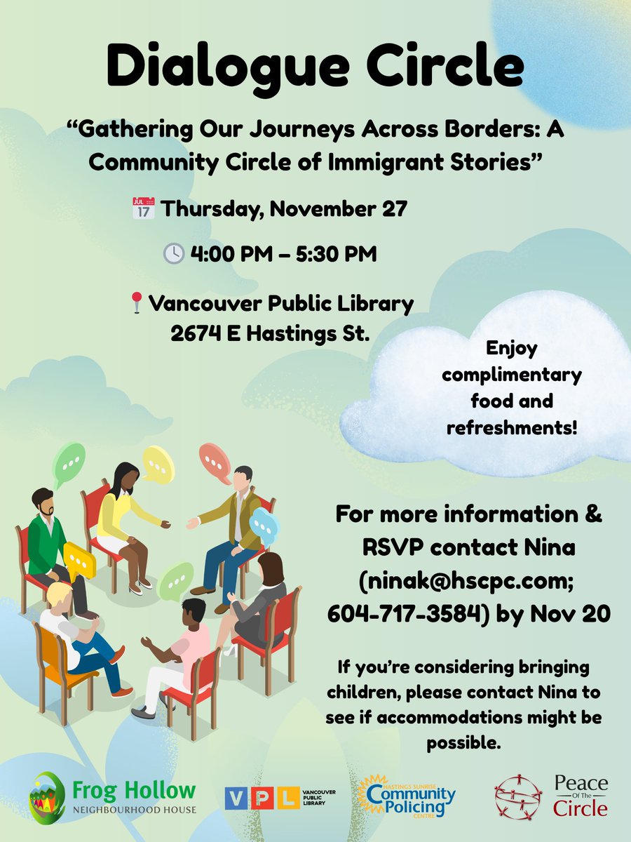 🌍 A Few Spots Left!
Join our Community Circle with <a href="/FrogHollowVan/">Frog Hollow</a>, Peace of the Circle &amp; <a href="/VPL/">Vancouver Public Library</a>.
🗓 Nov 27 | 🕓 4–5:30 PM
📍 VPL Hastings Branch (2674 E Hastings)

✨ Refreshments provided.
👉 Save your spot: ninak@hscpc.com | 604-717-3584

Let’s connect through shared stories. ❤️