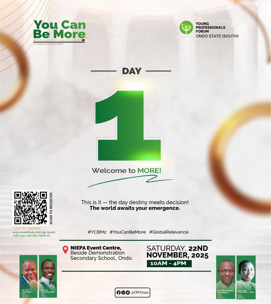 It doesn't matter what you've seen, it can be more

It doesn't matter what you've touched, it can be more

It doesn't matter that you've handled, it can be more

It shall be more and it will be more! 

📍 22nd Nov 2025 | NIEPA Event Center, Ondo | 10AM – 4PM
#YPFOndoSouth
#YCBM2