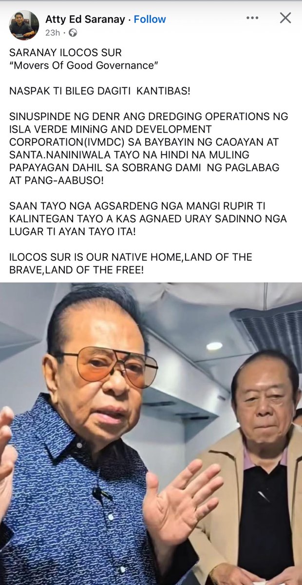 arthurXadvocate's tweet image. The people of Ilocos Sur—especially Caoayan and Santa—have scored a major victory after the DENR stopped the destructive dredging of Isla Verde Mining and Development Corporation. 

This win shows that ordinary Ilocanos can push back against even the most powerful abusers. For…