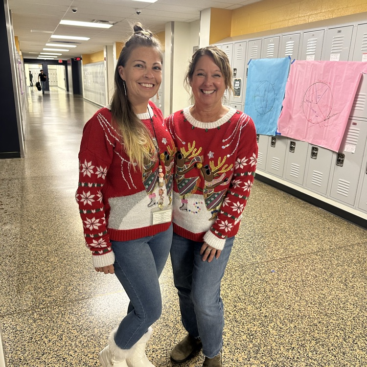 CCPSCCHS's tweet image. Tonight&apos;s student section theme is Christmas! Our students and staff got a head start of showing their spirit by dressing up today. Mrs. Davis-Pannill and Mrs. Bennett were twinning with their Christmas sweaters. #ForksUp #BetterEveryDay #BDP
