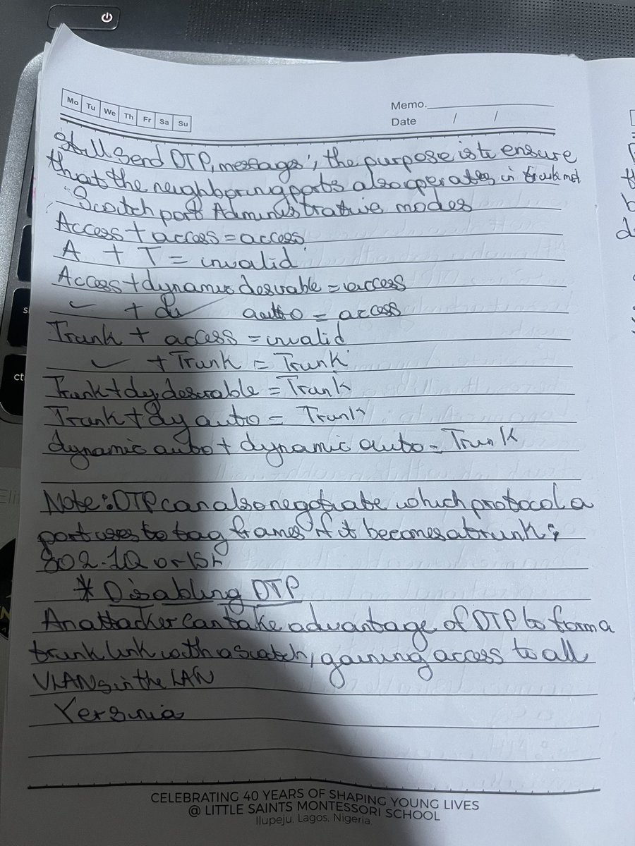 amyy_nwa's tweet image. Day15/100 #100DaysOfNetworking 
I focused on understanding the use of DTP in switches and how they automatically determine the operational mode of a port 
The difference between dynamic auto and desirable and also why it’s essential to disable it on switches with nonegotiation.