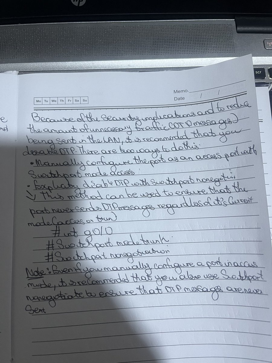 amyy_nwa's tweet image. Day15/100 #100DaysOfNetworking 
I focused on understanding the use of DTP in switches and how they automatically determine the operational mode of a port 
The difference between dynamic auto and desirable and also why it’s essential to disable it on switches with nonegotiation.
