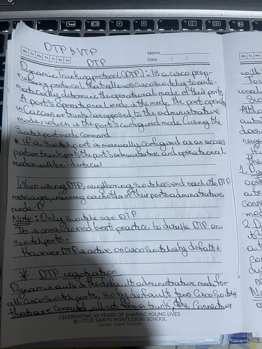 amyy_nwa's tweet image. Day15/100 #100DaysOfNetworking 
I focused on understanding the use of DTP in switches and how they automatically determine the operational mode of a port 
The difference between dynamic auto and desirable and also why it’s essential to disable it on switches with nonegotiation.