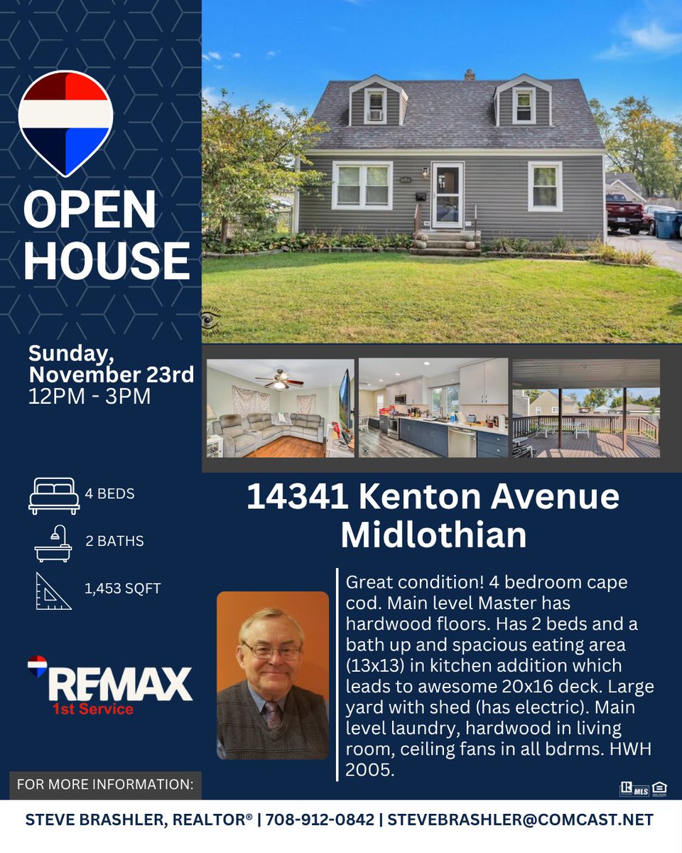 REMAX1stService's tweet image. Two open houses this weekend.

Sat 2 to 4: 10657 Laramie in Oak Lawn with bright living spaces and a beautiful sunroom.

Sun 12 to 3: 14341 Kenton in Midlothian with hardwood floors, large kitchen addition, and big yard.

#OpenHouse #OakLawn #Midlothian #REMAX1stService