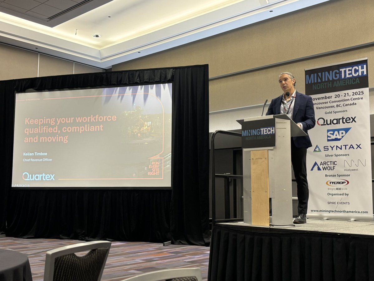 MiningTech1's tweet image. Kellen Timboe Chief Revenue Officer from Quartex, our gold sponsor at MiningTech North America Conference &amp;amp; Expo, sharing on how Quartex enables its customers to run every site right to keep people moving, qualified &amp;amp; compliant.