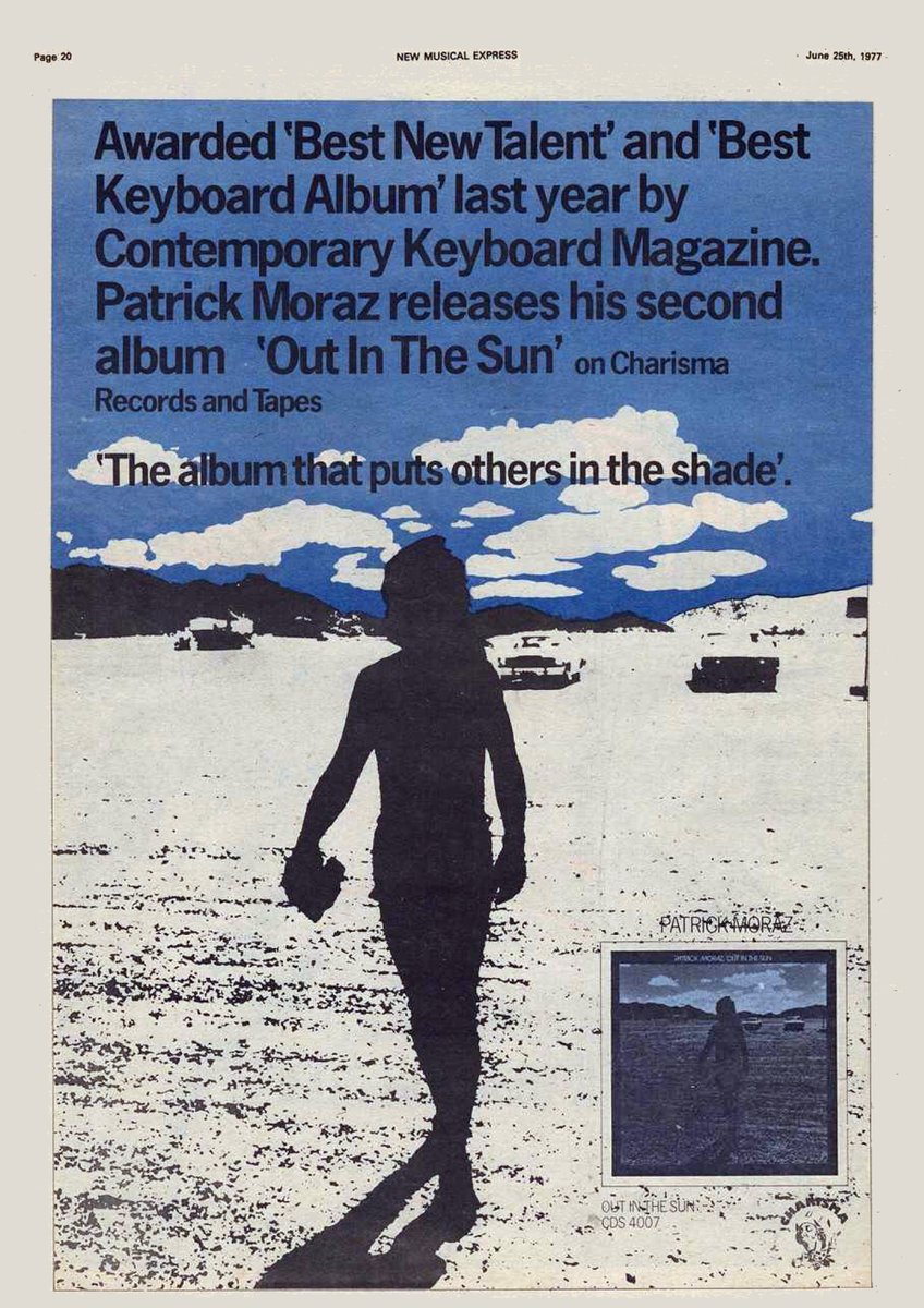 Advert for Patrick Moraz's "Out In The Sun" in <a href="/NME/">NME</a>, June 25, 1977.