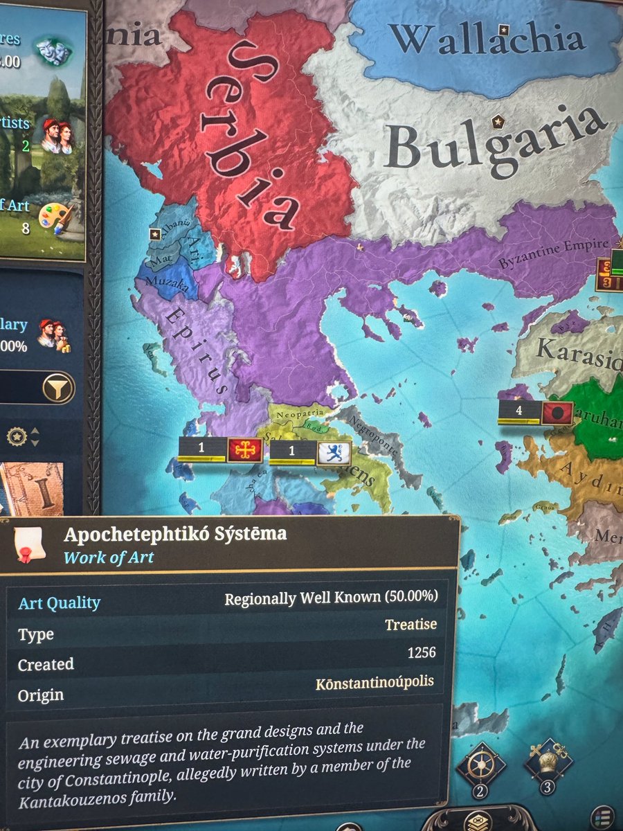 byzantinetales's tweet image. While playing the new Europa Universalis 5, I stumbled upon this. 
Many Byzantine enthusiasts will actually be confused whether this is historical or not. 
Only Greeks have the ability to understand what this Easter egg is 🤣