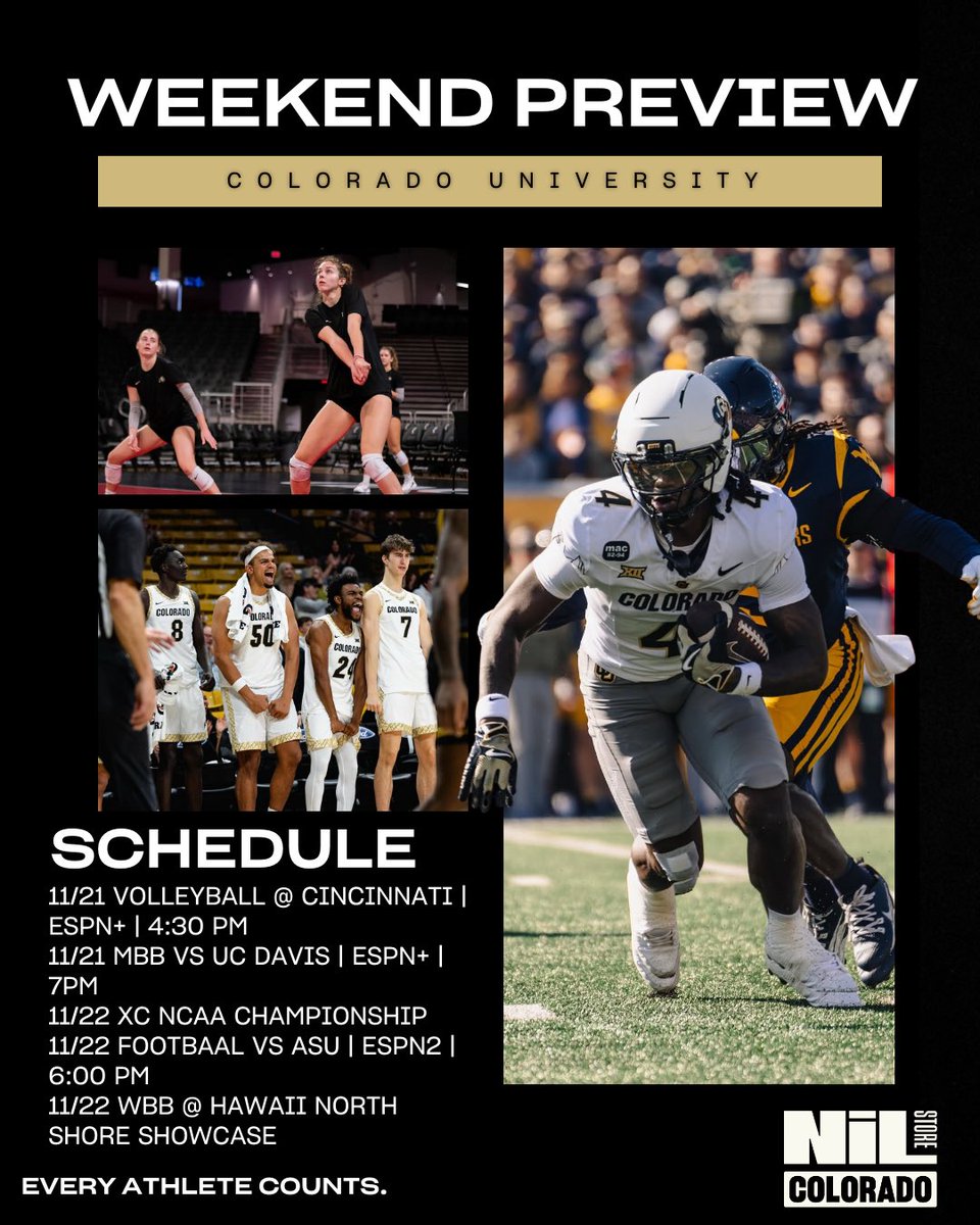 Packed full weekend!! Support your Buffs all weekend long 👀🦬

Also don’t forget the Buy one Gift one 50% off sale happening now through sunday! 🎁

#skobuffs #colorado #coloradofootball #TheNILstore