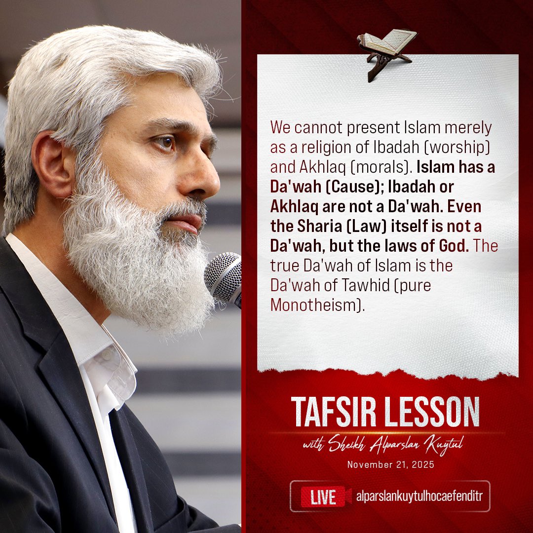 Alparslan_Eng's tweet image. We cannot present Islam merely as a religion of Ibadah (worship) and Akhlaq (morals). Islam has a Da&apos;wah (Cause); Ibadah or Akhlaq are not a Da&apos;wah. Even the Sharia (Law) itself is not a Da&apos;wah, but the laws of God. The true Da&apos;wah of Islam is the Da&apos;wah of Tawhid. 

Tafsir…