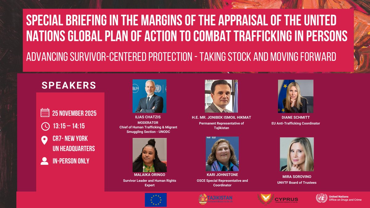 🇺🇳 Attending the High-Level Meeting of the General Assembly on the Appraisal of the United Nations Global Plan of Action to Combat Trafficking in Persons in New York  🔜 Join our special briefing on "Advancing Survivor-Centred Protection". See more: unodc.org/unodc/TIP_GPA_…
