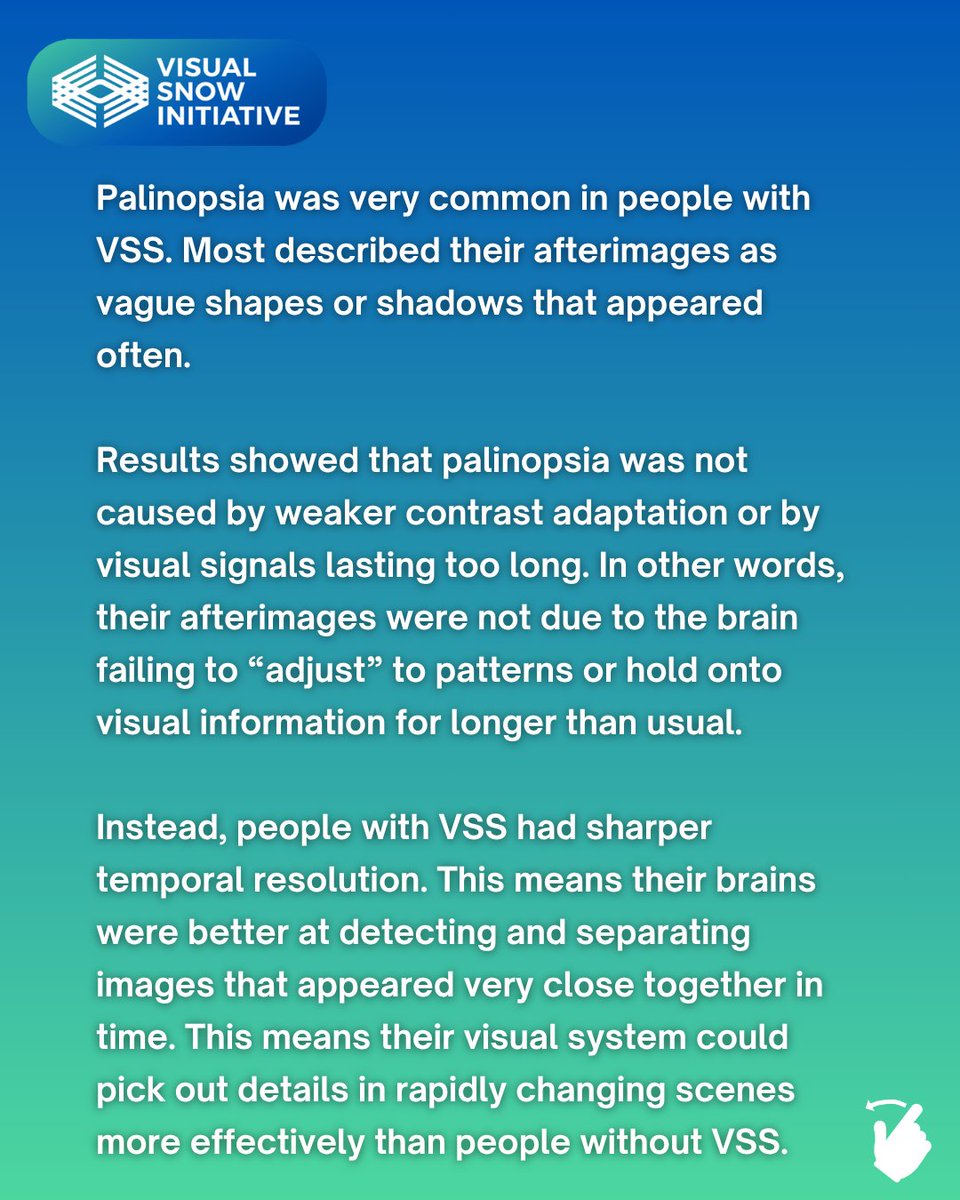 VisualSnowInit's tweet image. separate quickly changing images more effectively than people without VSS—making afterimages and trails more noticeable. ⚡

In comparison, people with #migraine alone had more difficulty with these tasks, showing slower or less accurate visual processing.