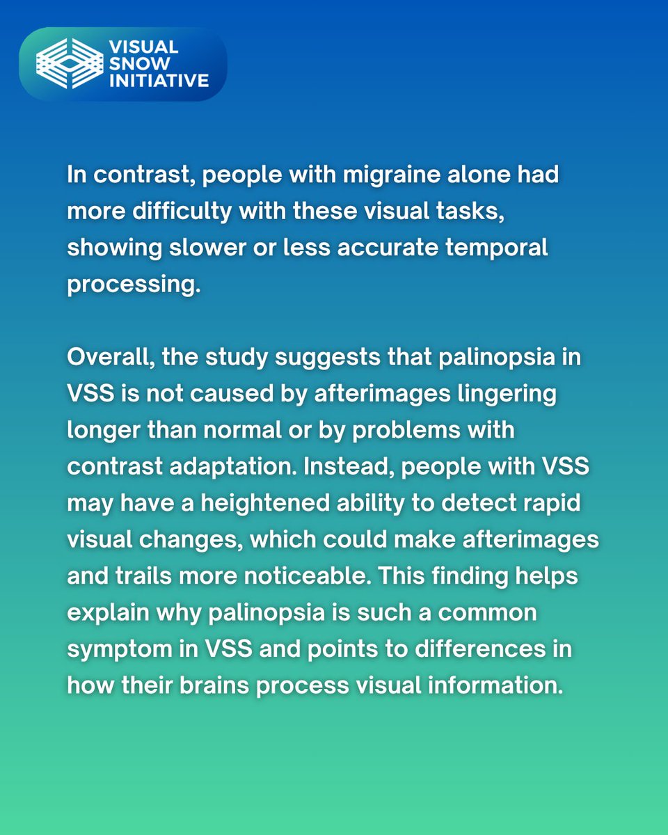VisualSnowInit's tweet image. separate quickly changing images more effectively than people without VSS—making afterimages and trails more noticeable. ⚡

In comparison, people with #migraine alone had more difficulty with these tasks, showing slower or less accurate visual processing.