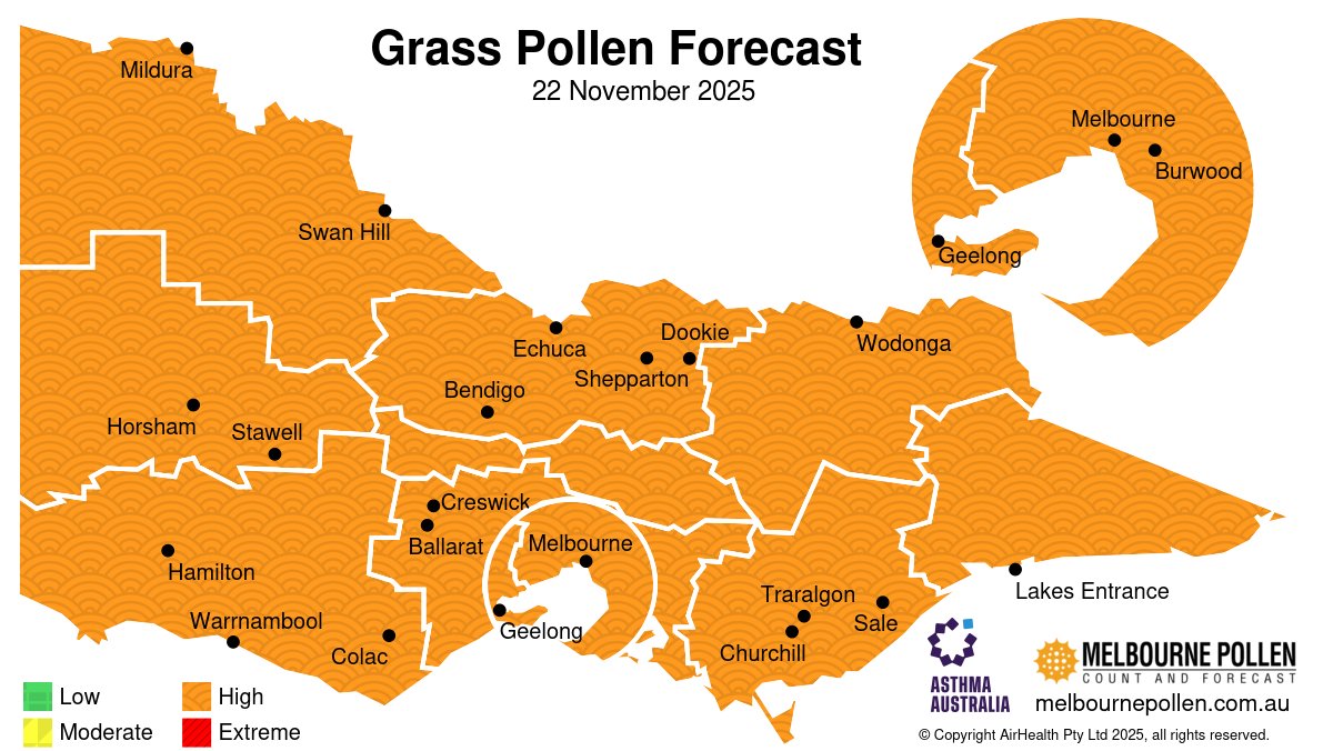 MelbournePollen's tweet image. #Melbourne grass #pollen forecast for today (Saturday, Nov 22) is High. Get the App for more pollen forecasts: airhealth.short.gy/melbournepollen

Note: Other locations within Victoria have an Extreme forecast today.

Powered by AirHealth, supported by @AsthmaAustralia.