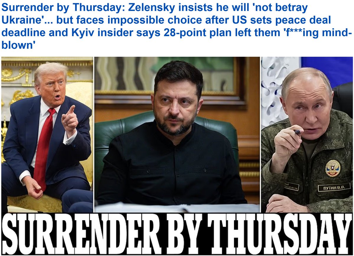 President Volodymyr Zelensky vowed on Friday he would not betray Ukraine after being given just days to agree to a US-proposed peace deal with Russia.

dailymail.co.uk/news/article-1…