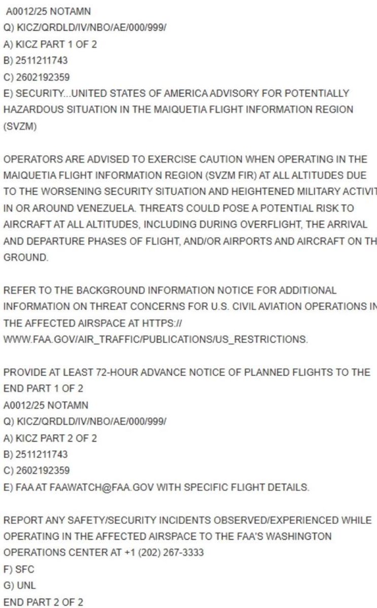 #Atencion 

ESTADOS UNIDOS

¡ATENCIÓN PILOTOS Y OPERADORES!

Existe un riesgo de seguridad muy alto para todos los aviones civiles estadounidenses (y se recomienda extrema precaución a cualquier avión) que vuelen dentro del espacio aéreo de Venezuela (región de información de
